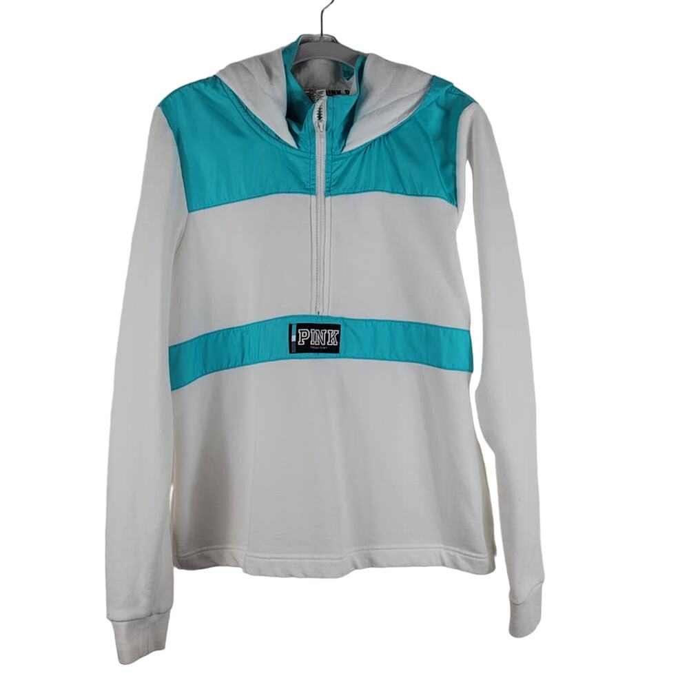 Victoria Secret Pink Turquoise White Pullover Hooded Athletic Sweatshirt L